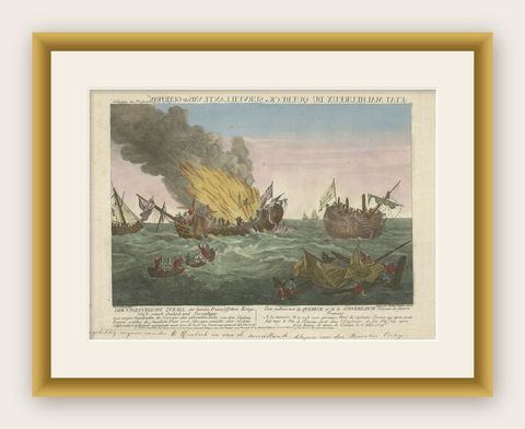 Rare Engraving of a Famous Battle Near Ushant Between the French and British, shown framed