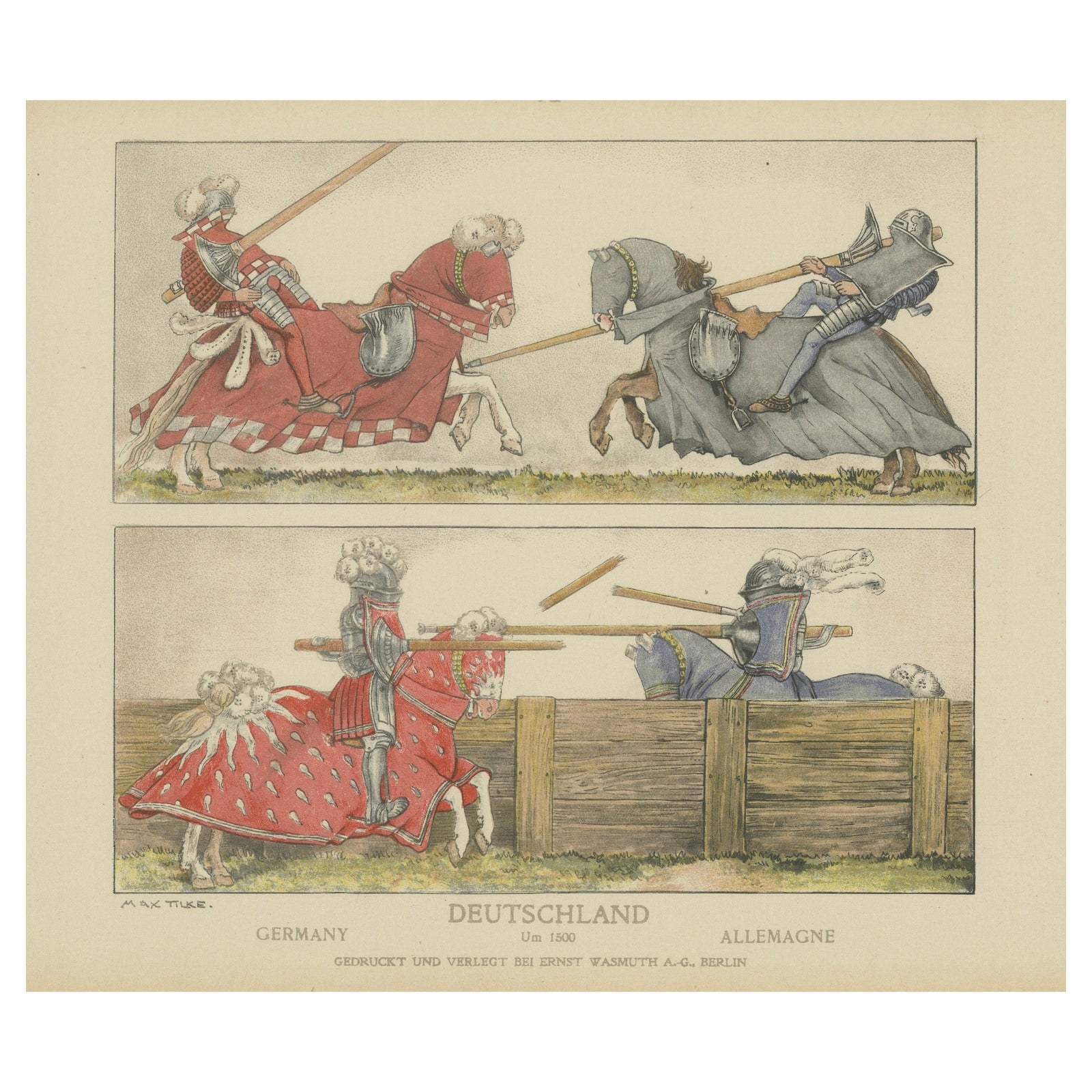 Antique German Jousting Knights Plate c.1500, Hand-Colored Print, Published 1880
