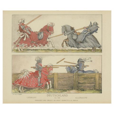 Antique German Jousting Knights Plate c.1500, Hand-Colored Print, Published 1880