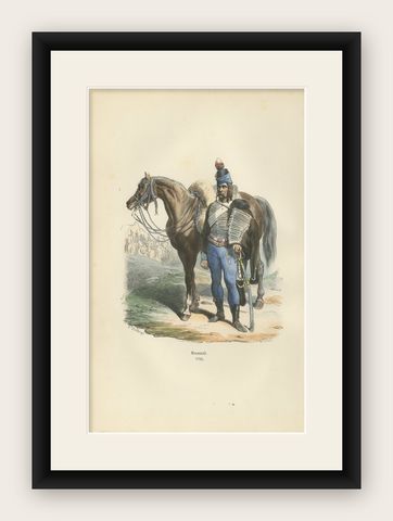 French Hussar with Horse 1795, Napoleonic Era Military Uniform Print, 1843, shown framed
