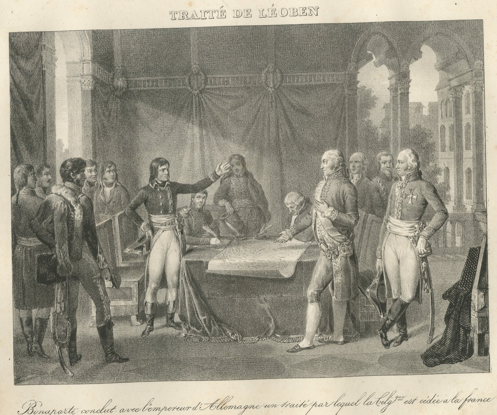 Treaty of Leoben, Belgium Ceded to France, Antique Madou Lithograph, 1827