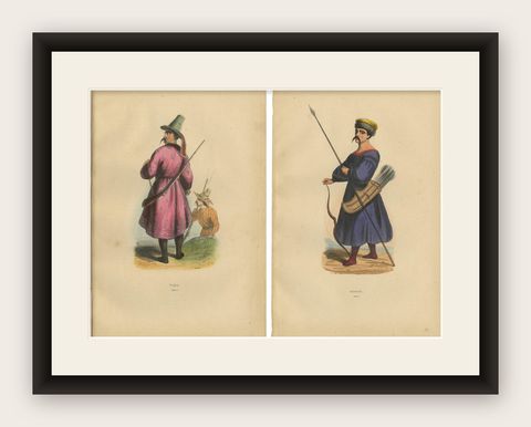 Traditional Archery and Infantry Gear: Kyrgyz and Kalmyk Warriors, 1844, shown framed