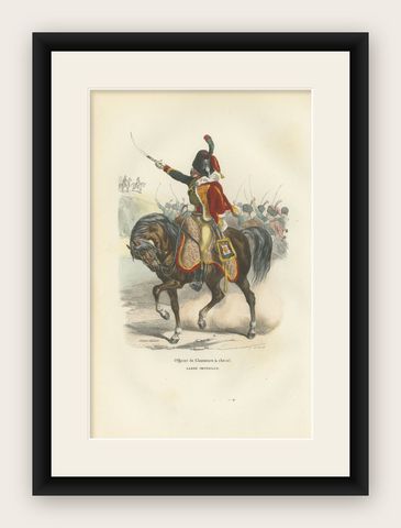 Officier de Chasseurs à Cheval, Garde Impériale, Napoleonic Cavalry Print 1843, shown framed