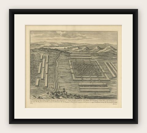 Antique Roman Battle Print of Vercingetorix's Three Camps by Duncan, c.1753, shown framed