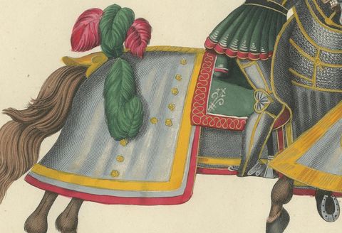 Hand-Coloured Print of Armoured Knights in Close-Combat Horseback Duel, 1842, close-up 2