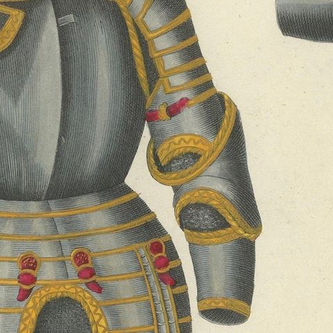 19th-Century Hand-Coloured Lithograph of Ornate Tournament and Plate Armor, close-up 4
