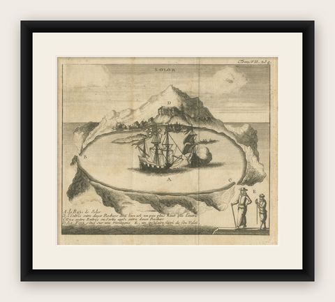 Rare 17th Century Engraving of Solor Island Fort and Bay, Indonesia, circa 1670, shown framed