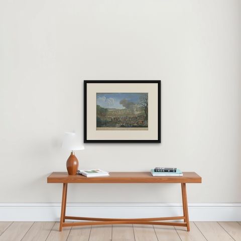 Old Battle Print of Rossbach in Prussian Saxony, ca.1790, shown framed on a wall