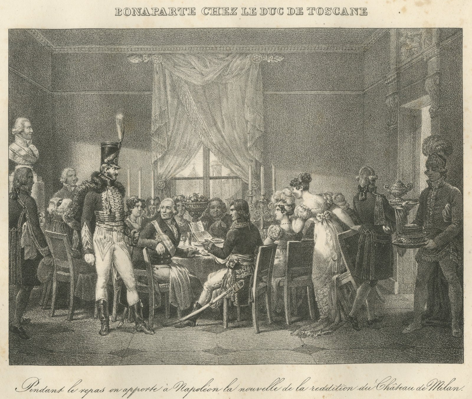 Bonaparte Dines with the Duke of Tuscany, Antique Madou Lithograph, 1827