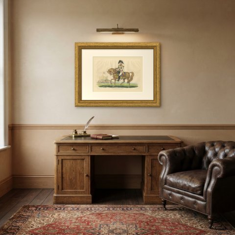 Emperor Francis II of Austria Riding Before a Hilltop Castle, Hand Colored, 1815, shown framed in a room