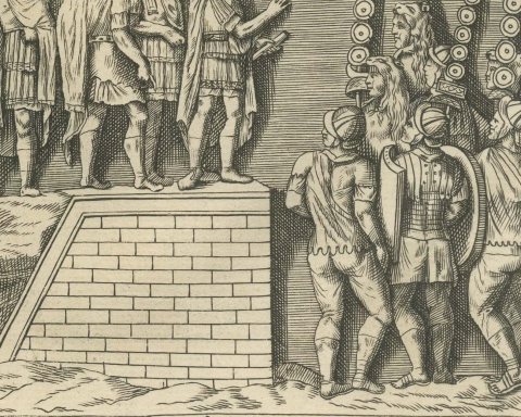 Roman Camp Towers, Huts and Officers on a Tribunal, Trajan's Column, 1722, close-up 1