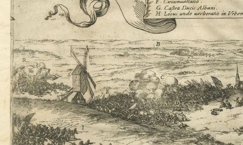 Old Engraving of The Battle of Bergen in Hainaut during the Eighty Years', 1632, close-up 1