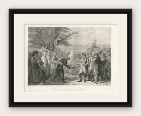 Napoleon Receives the Keys of Vienna, Antique French Engraving, circa 1840, shown framed