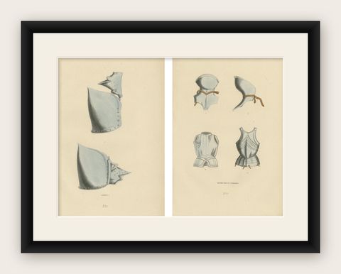 Armaments of Yore: A Study of Medieval Helmets and Armor, 1845, shown framed