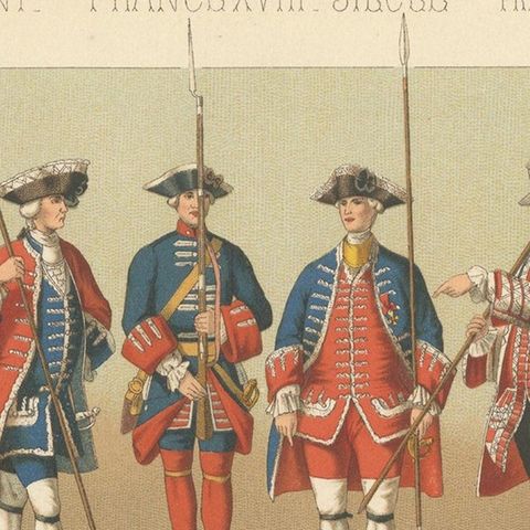 Pl. 126 Antique Print of French 18th Century Military Outfits by Racinet, close-up 1