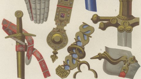 English Sword, Helm and Gauntlets, Antique Print, 1851, close-up 3