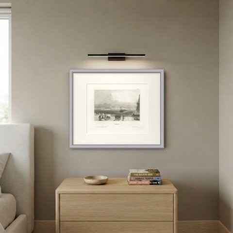 Messina in Sicily, Antique Harbor View with Soldiers, Engraving, circa 1850, shown framed on a wall