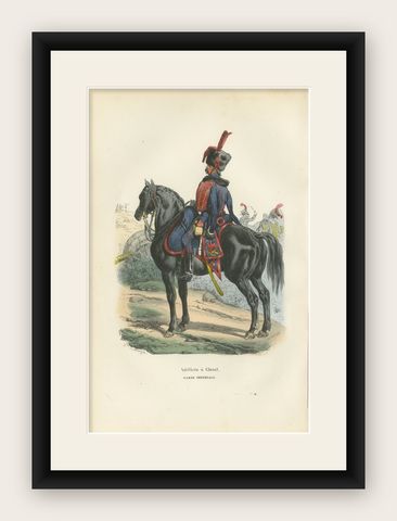 Artillerie à Cheval, Imperial Guard Cavalry, Napoleonic Military Print 1843, shown framed