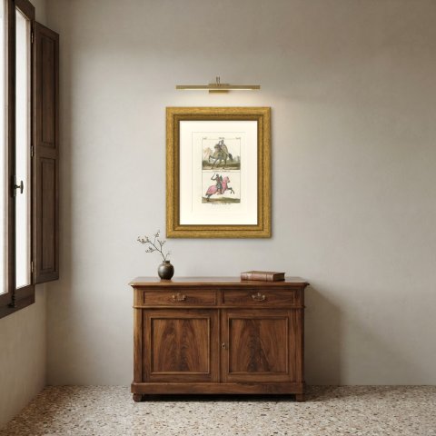 Two Mounted Crusader Knights, Hand Colored French Lithograph, 1842, shown framed in a room
