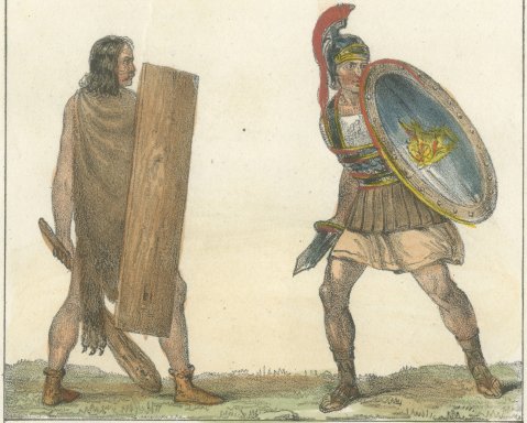 Ancient Germanic and Greek Warriors with Modern Soldiers, Hand Colored, 1842, close-up 1