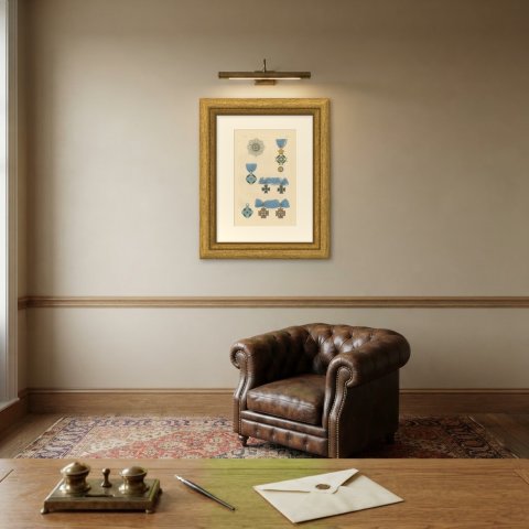 Greece, Order of the Redeemer Insignia, Plate XXXVII, Wood Engraving, 1844, shown framed on a wall
