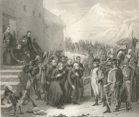 Napoleon Crossing the Great St Bernard Pass, Alpine Campaign Engraving c.1840, close-up 1