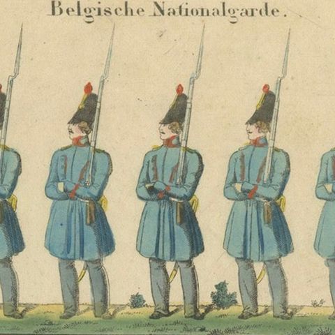 Antique Print of Belgian National Guard, Infantry Drill & Uniforms, c.1830–1840, close-up 3