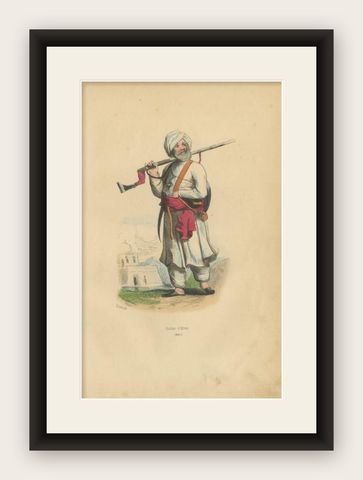 Original Handcolored Antique Print of an Afghan Soldier in Afghanistan, 1843, shown framed