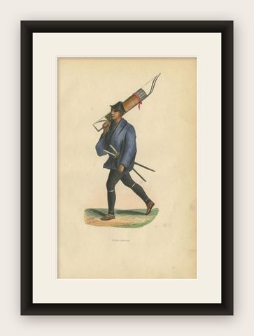 Antique Print of a Japanese Soldier Carrying a Bow, 1843, shown framed