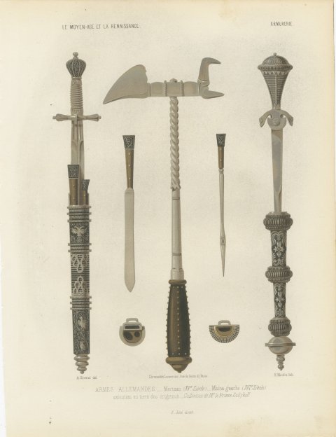 German Arms, War Hammer and Left Hand Daggers, Antique Print, 1851, view 2