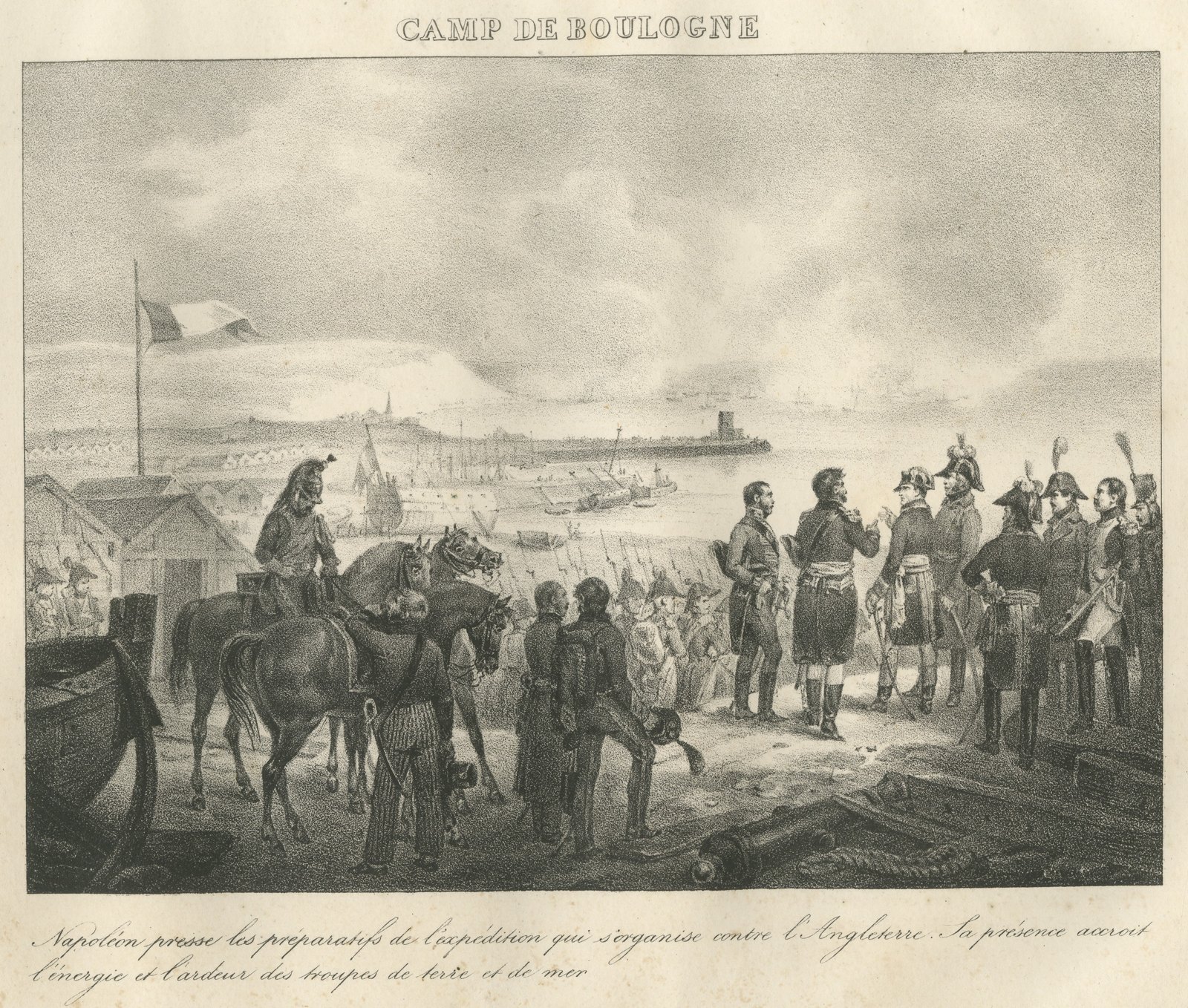 The Camp of Boulogne, the Invasion Flotilla, Antique Madou Lithograph, 1827