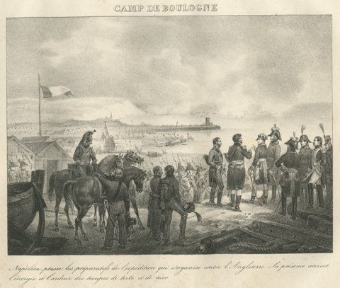 The Camp of Boulogne, the Invasion Flotilla, Antique Madou Lithograph, 1827