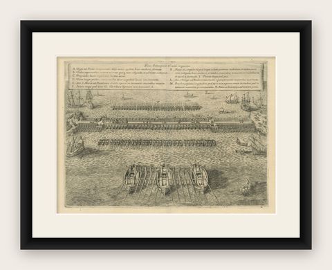 The Duke of Parma's Pontoon Bridge in The Siege of Antwerp, 1632, shown framed