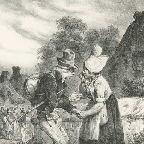 Young Soldier Saying Farewell to Sweetheart, Romantic French Lithograph c.1830, close-up 4