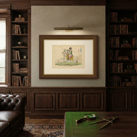 Napoleon Bonaparte on a White Charger Before the Tricolor Flag, 1815, shown framed on a wall