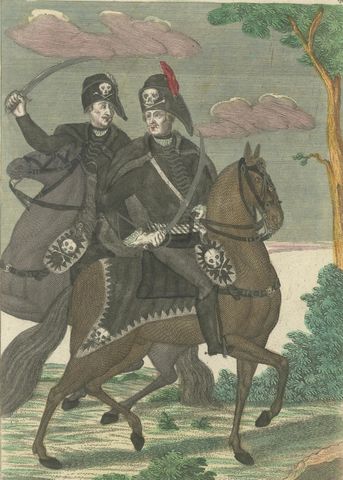 Death's Head Skull Hussars, Freiherr von Ruesch, Hand-Colored Engraving, c.1750, close-up 2