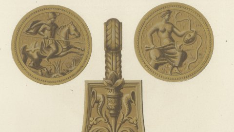 Powder Flask of the Emperor Charles the Fifth, Antique Print, 1851, close-up 1