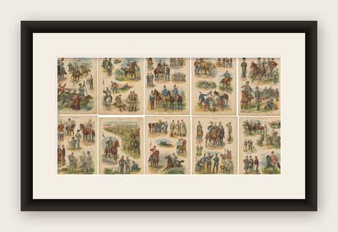 Set of 10 Antique Military Costume Prints, shown framed