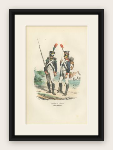 Imperial Guard Tirailleur and Voltigeur, Napoleonic Military Print, c1843, shown framed