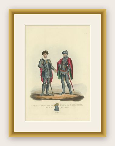 Antique Handcolored Print of Thomas Montacute of Salisbury and a Knight, 1842, shown framed