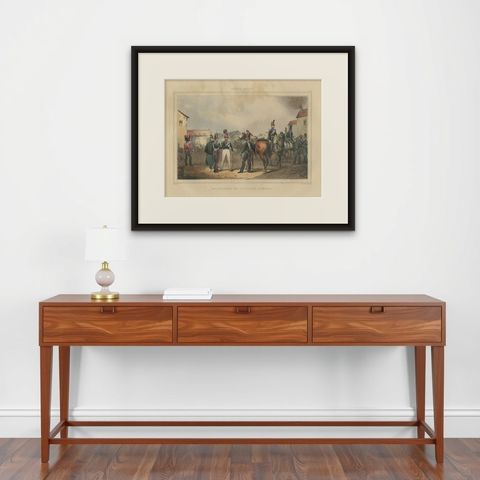 Old Handcolored Print of a Regiment of the Belgium Army, 1833, shown framed on a wall