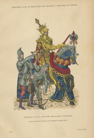 Original Antique Print of Charles VII in Ceremonial Armour, F. Roy, circa 1860, close-up 1