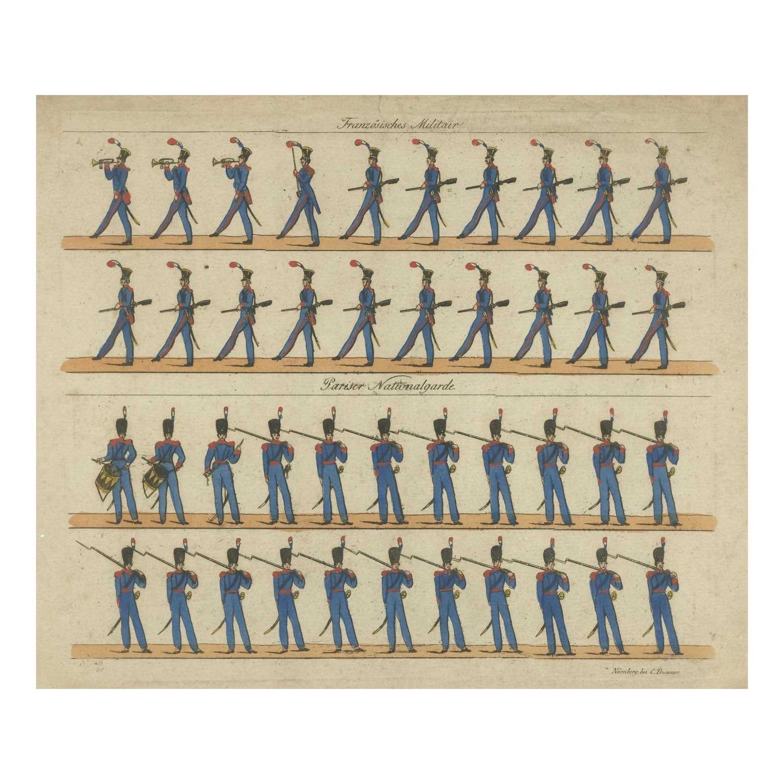 Antique Print of French Infantry Drill, Line Soldiers & National Guard, c.1800