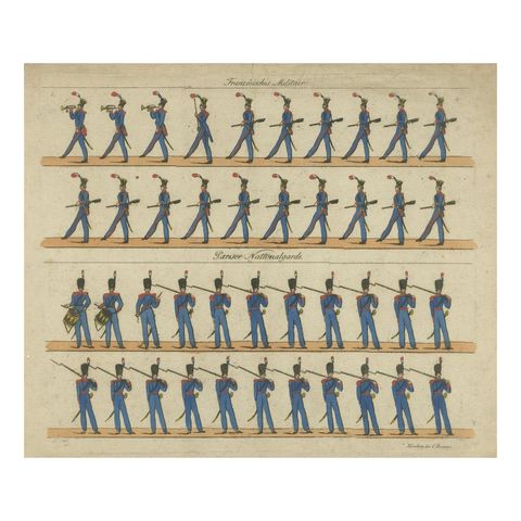 Antique Print of French Infantry Drill, Line Soldiers & National Guard, c.1800