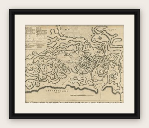 Antique Plan of the Siege of the Castle of Cardona in 1714, shown framed