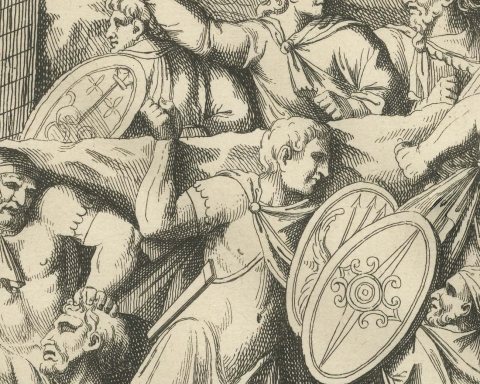 Roman Battle Scenes Beside a Round Tower, Trajan's Column, 1722, close-up 1