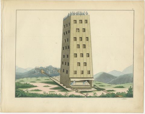19th-Century Hand-Coloured Lithograph of a Medieval Siege Tower in Action, view 2