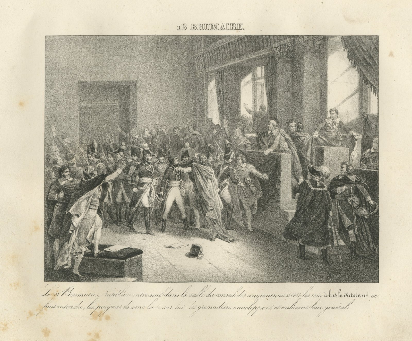 Bonaparte in the Council of Five Hundred, Antique Madou Lithograph, 1827