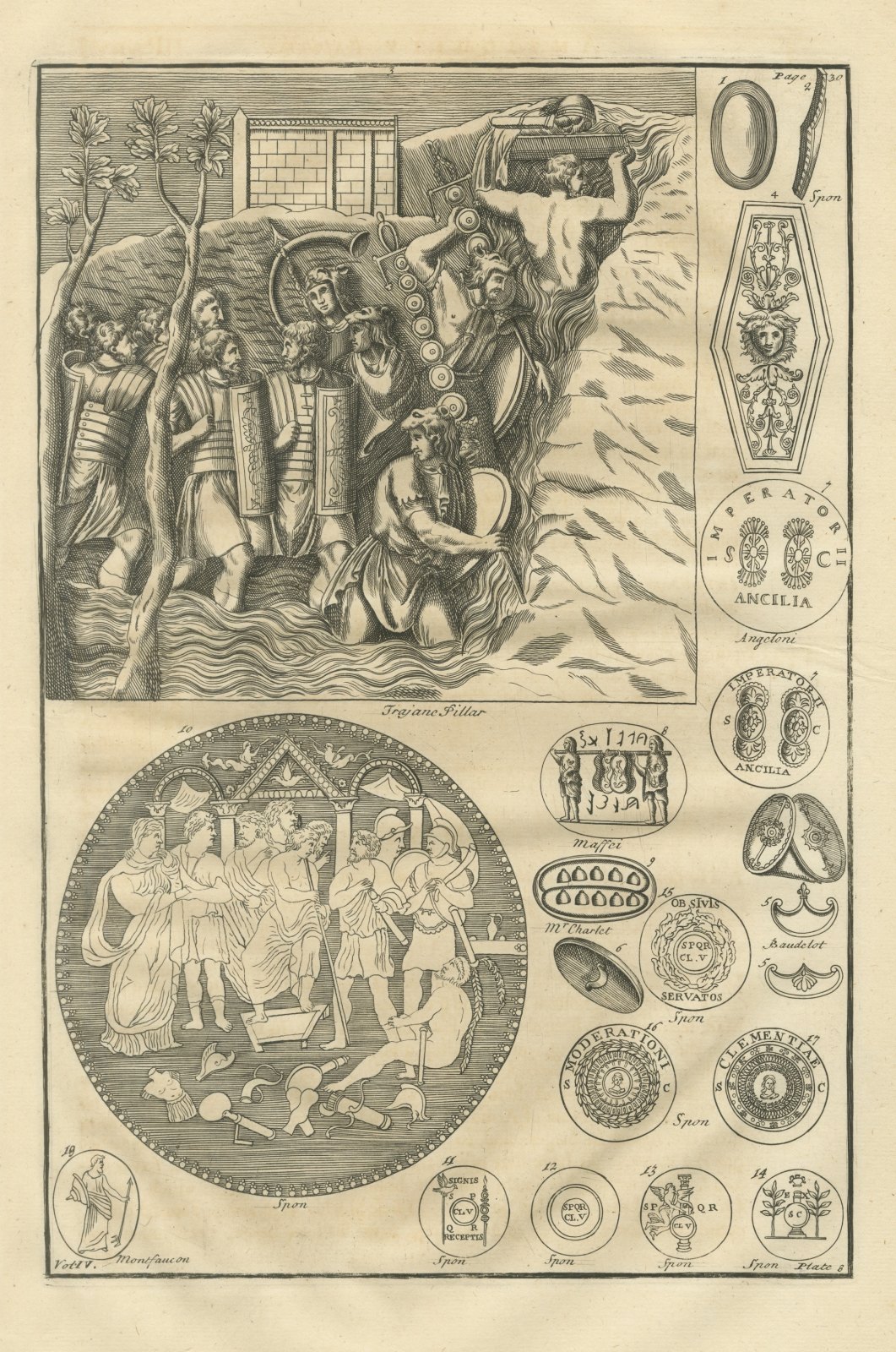 Roman Shields, Ancilia and Military Coins with Trajan's Column Relief, 1722