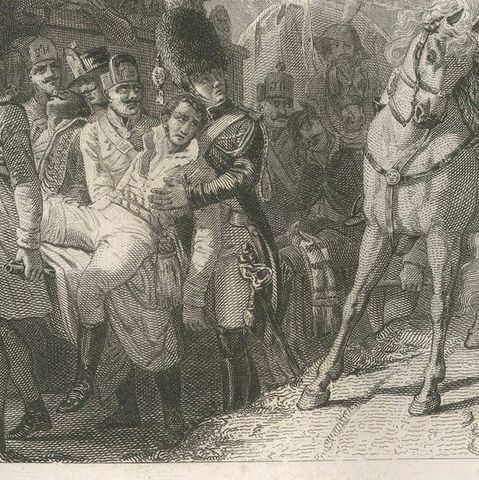 Napoleon Honors the Wounded Soldier, Antique French Engraving, circa 1840, close-up 4